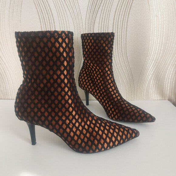 ZARA Pointed Toe Ankle Boots 7.5 Bronze Black Mesh Heels Glam Clubwear - Picture 3 of 14